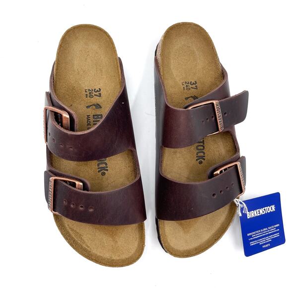 Birkenstock Arizona Sandals Habana Brown Two Strap Slides Sz 37 / 6 NARROW - Picture 2 of 8